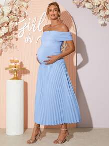 Loomaby Maternity Elegant Solid Color Off Shoulder Ruched Hem Dress,Gender Reveal Dress,Baby Shower Dress,Maternity Dress