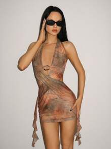 SHEIN ICON Sexy Backless Cross V-Neck Metal Buckle Mini Printed Dress,Rave Outfits Festival,Summer Dresses For Women - Multicolor - View 6