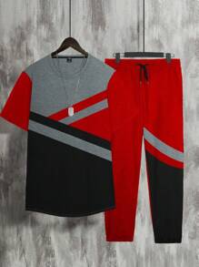 Manfinity Homme 2pcs Men's Set: Round Neck Short Sleeve T-Shirt And Drawstring Long Pants Red And Black,Summer,Casual,Vacation Jogger Outfit Jogging Sets For Men - Red - View 3