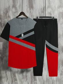 Manfinity Homme 男士拼色 T 恤和抽绳腰运动裤，丈夫用的休闲运动套装 - 彩色 - 查看 3