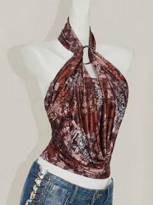 SHEIN ICON 女士花卉印花褶皱时尚挂脖背心 - 彩色 - 查看 6