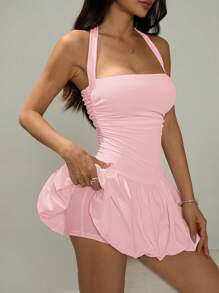 SHEIN PETITE 女士系带露背纯色简约休闲迷你泡泡裙