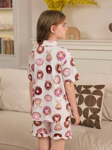 2pcs Girls Cute Rabbit & Donut Print Top & Shorts Set, Simple Stylish Casual Home Wear - Beige - View 2