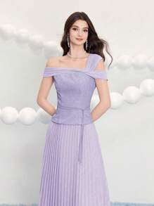 SHEIN Belle 女式提花褶饰腰部鸡尾酒会礼服、派对礼服、舞会礼服 - 淡紫色 - 查看 7
