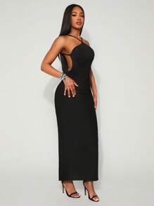 SHEIN SXY 大码女式春夏优雅性感日常基本款简约纯色露背长裙，适合日常穿着、西装