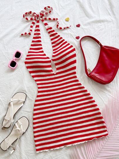 Soleia Nuevo vestido mini a rayas, estilo vacacional, sin espalda, color rojo