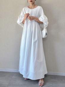 FRIFUL Vestido largo holgado de unicolor con escote en V en el frente y la espalda, mangas farol, y detalle de volantes en el escote, en estilo de vacaciones, para primavera/verano