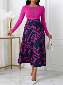 SHEIN Unity Vestito lungo con stampa, maniche lunghe, vestito casual quotidiano da donna