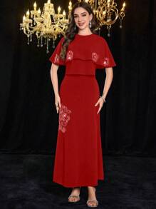Modelyn 2 件女士优雅圆领针织面料设计斗篷和中长裙套装，百搭修身 - 紅色 - 查看 5