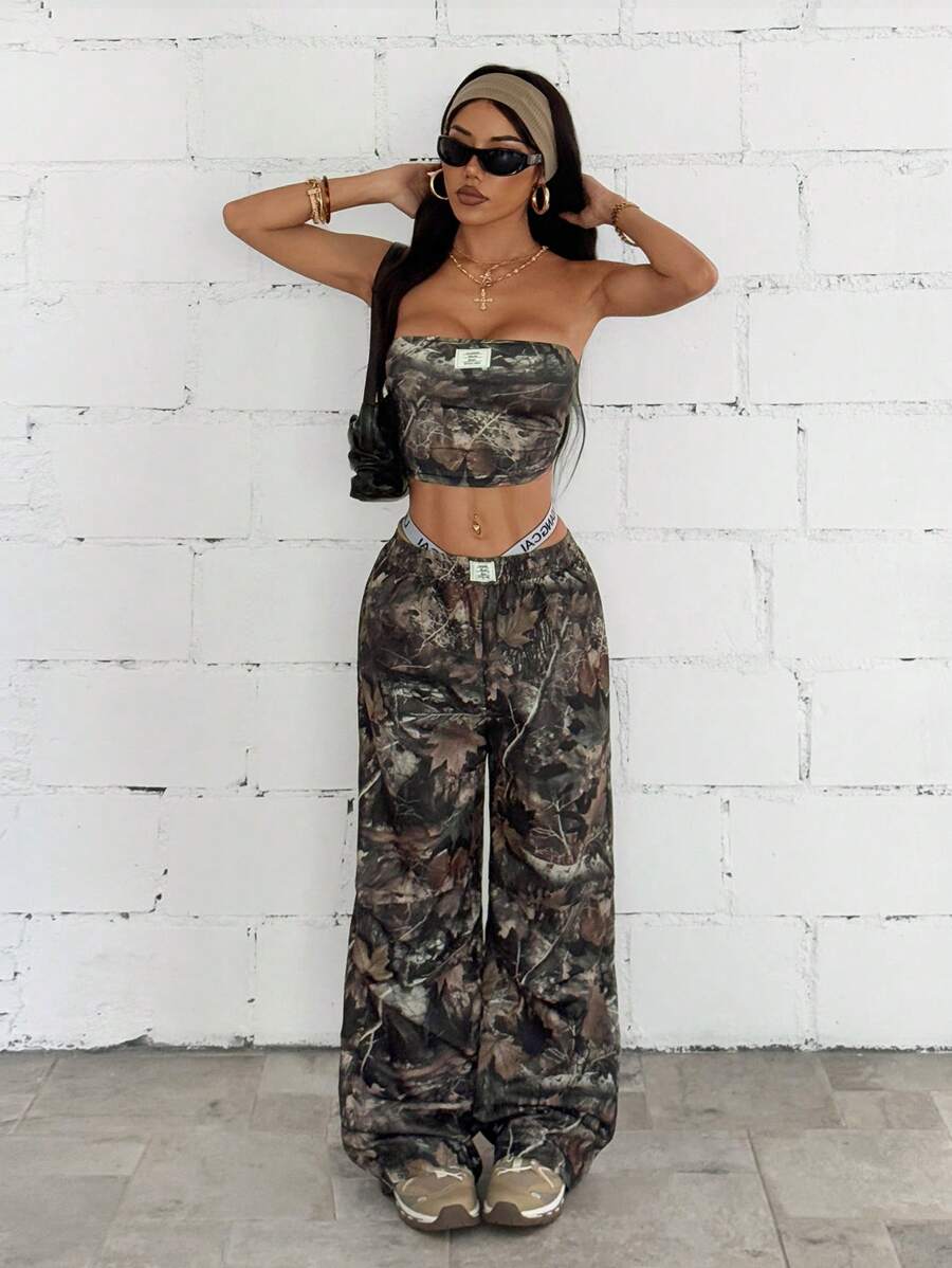 StreetHx 2pcs Women Vintage Leaf Print Bandeau Top And Casual Long Pants Set, Autumn - Black - View 1