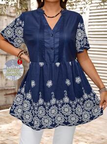 EMERY ROSE Damen Bluse in Große Größen mit Blume Muster, V-Ausschnitt und Kurzarm, Lässig - Weiss - Übersicht 3