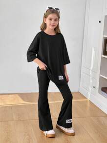 SHEIN Tween Girl Casual Woven Label Decor Loose Fit Crew Neck Short Sleeve T-Shirt And Bell Bottom Pants 2 Pieces Set - Black - View 3