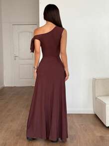 SHEIN Unity One-Shoulder Tie-Up High Slit Sleeveless Dress - Coffee Brown - View 2