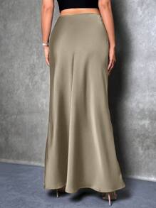 SHEIN Tall Women's Elegant Satin Solid Color Skirt Long Skirts For Women Maxi Skirts For Women Women Skirts Long Women Long Skirts - Khaki - View 2