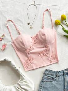 Soleia Áo hai dây thêu hoa văn thanh lịch màu trơn cho nữ, mùa hè - Hồng - Xem 1