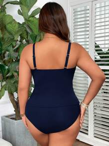 Swim Lushoire Plus Size Square Neck Basic Tankini Bikini Top For Summer Beach Vacation - Navy Blue - View 3