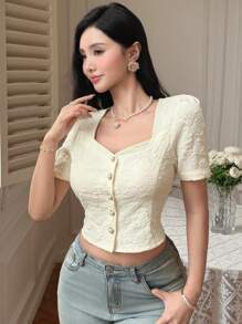 DAZY Solid Color Textured Square Neck Puff Sleeve Women's Shirt,Crop Tops Women - Beige - View 3