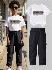 2pcs/Set Young Boy Letter Print Casual Short Sleeve T-Shirt And Cargo Pants Set, Summer - Multicolor - View 1