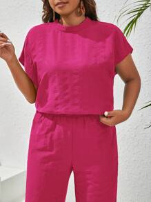 SHEIN VCAY Camiseta de manga de murciélago y pantalones de pierna ancha de verano de talla grande