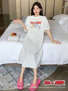 TOM AND JERRY X DAZY Bộ đồ ngủ Pijama rộng rãi in họa tiết hoạt hình cỡ lớn dễ thương, Moo Moo - Màu Xám nhạt - Xem 3
