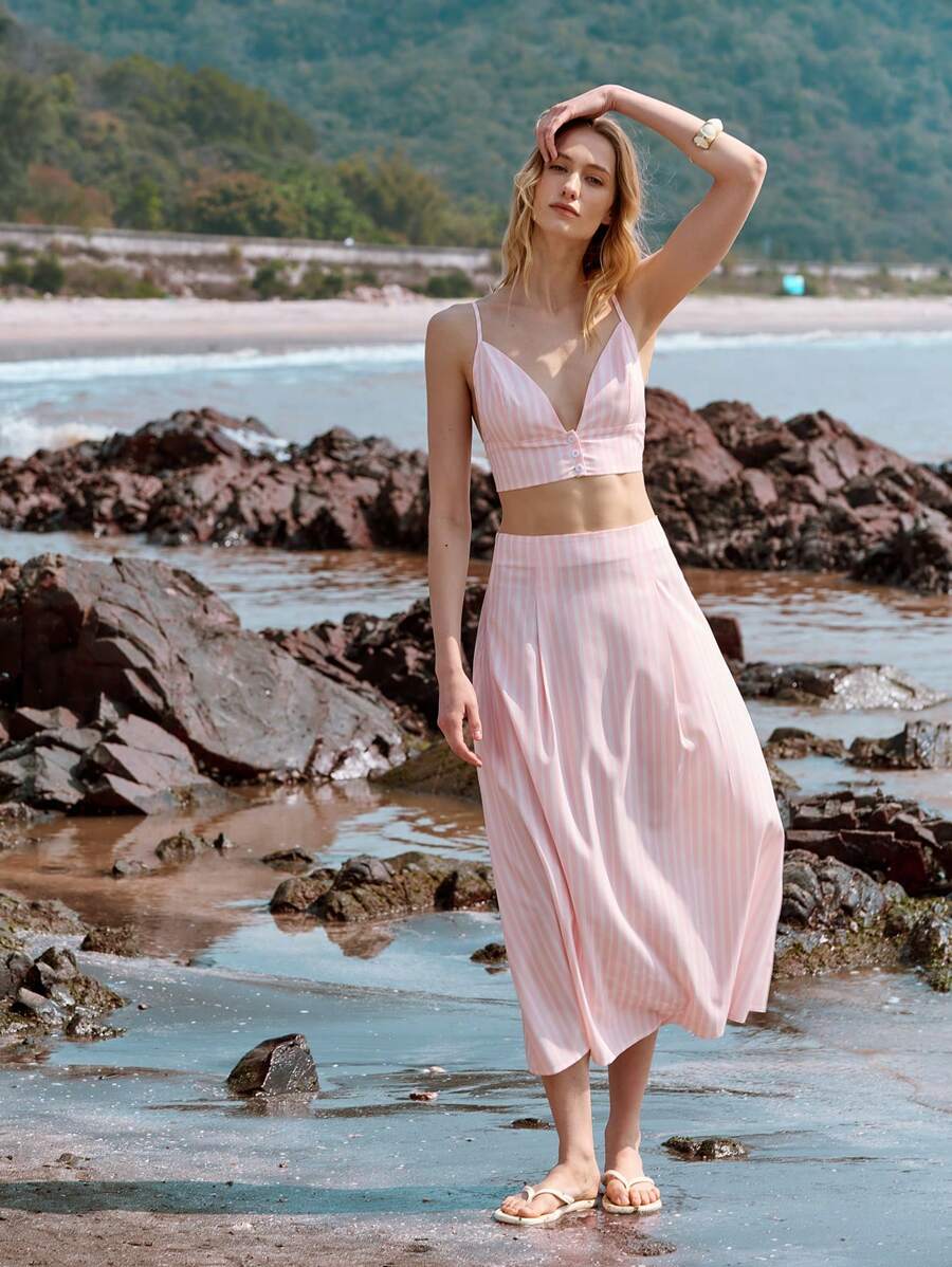 Lumivelle 2pcs Women Spring Vacation Floral Print Spaghetti Strap Maxi Dress Set