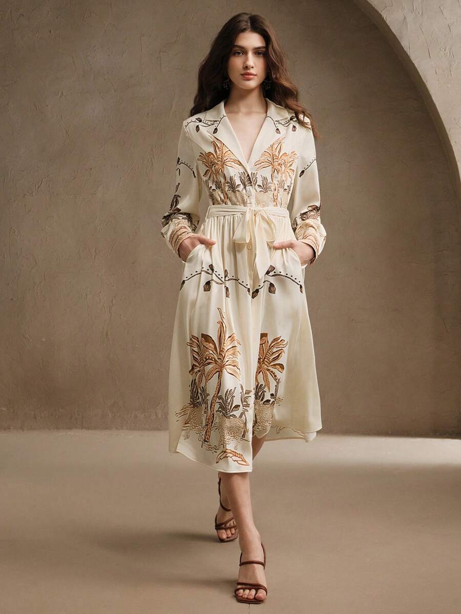 Anewsta 女装春夏高端椰子树时尚优雅印花飘逸长袖连衣裙