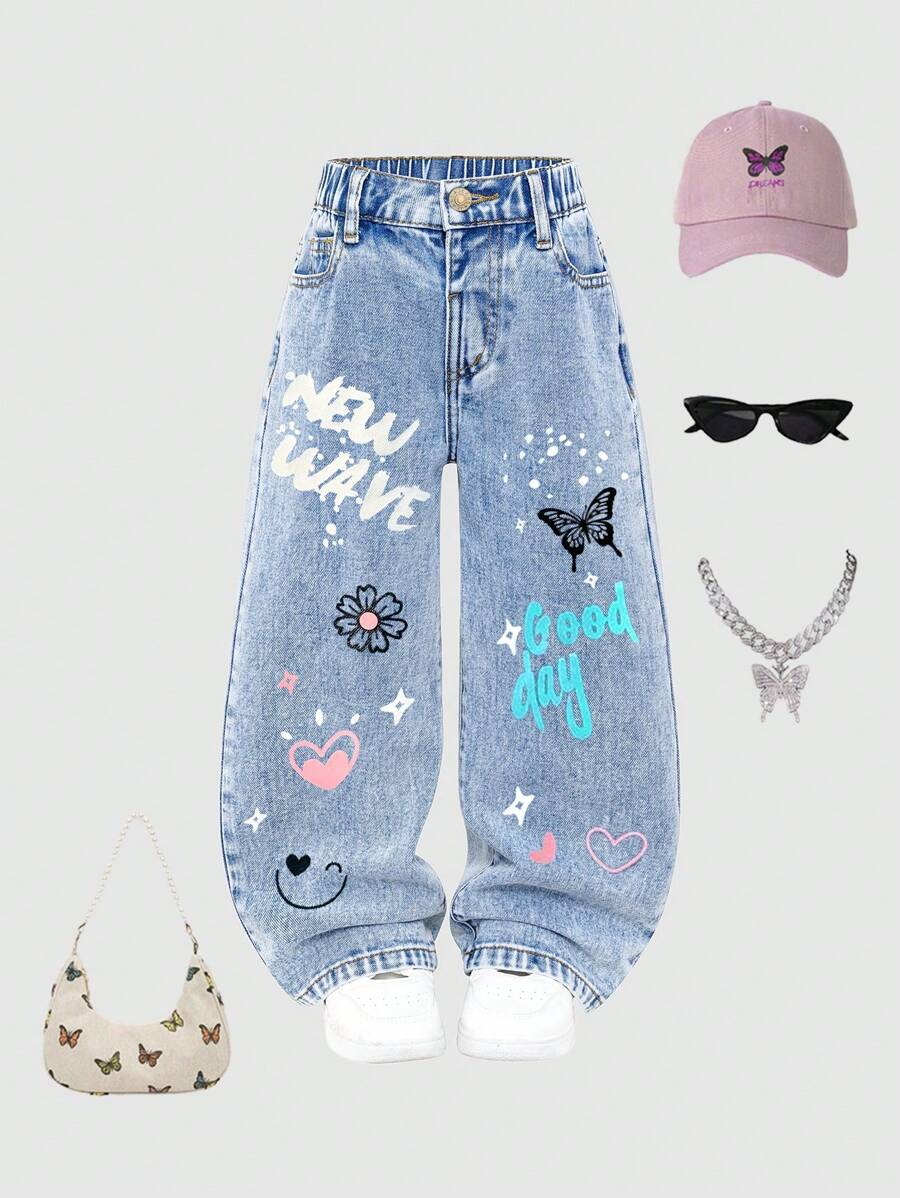 年轻女孩休闲时尚简约百搭甜美酷炫蝴蝶、爱心、花卉、涂鸦印花洗水浅蓝色牛仔直筒牛仔裤 - 淺色水洗藍 - 查看 1