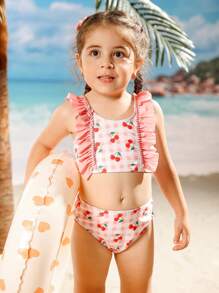 Young Girl Cherry Print Swimwear Set With Ruffles - Multicolor - View 10