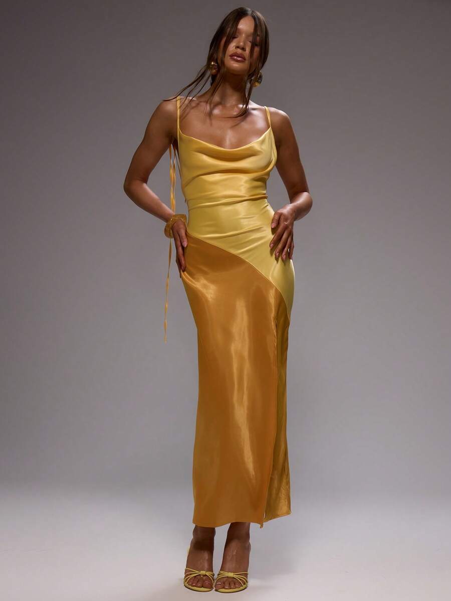 MUSERA 女士长款双色缎面吊带高领连衣裙，适合婚礼宾客穿着，夏季伊比沙岛度假海滩礼服 - 橘色 - 查看 1