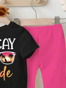 SHEIN Playful Pals Baby Girl Summer Casual Sunglasses And Letter Print Round Neck Short Sleeve T-Shirt And Flared Pants Set - Multicolor - View 3
