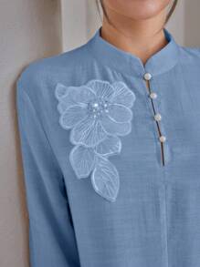 Graceveil 2pcs/Set Women Elegant Stand Collar Ruffle Cuff Long Sleeve Set Modest Fall Cloth For Women - Blue - View 6