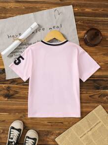 Girls' Oversized V-Neck T-Shirt With Contrast Color And Number Graphic, Sporty Street Style, Matching Mom Tee,Holiday,Summer,Travel