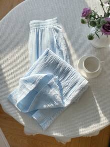 Comfortcana Plus Size Women Casual Lace Patchwork Wide Leg Pants - Baby Blue - View 2