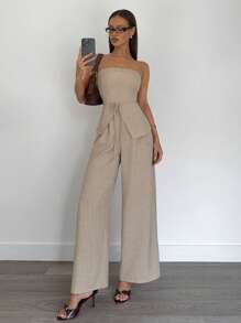 Siren Gaze 女士露肩无袖两件套，夏季女士夏装，女士服装两件套夏季，商务休闲女士工作服女士夏季套装 - 杏色 - 查看 4