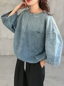 FRIFUL Blusa de denim casual con cuello redondo y bolsillo, unicolor para mujer - Azul - Ver 7