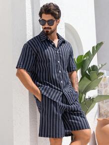 DAZY Blue And White Striped Men's Shirt Set, Summer - Blue and White - View 8