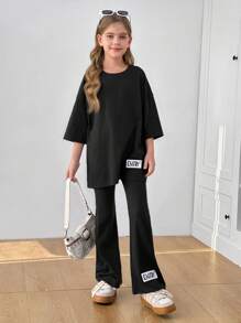 SHEIN Tween Girl Casual Woven Label Decor Loose Fit Crew Neck Short Sleeve T-Shirt And Bell Bottom Pants 2 Pieces Set - Black - View 5
