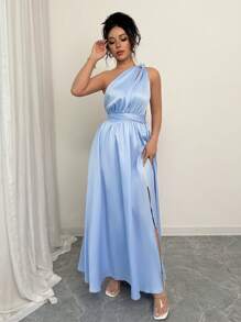 Elenzga Women's Solid Color Crossed V-Neck Slit Hem Elegant Dress - Blue - View 5