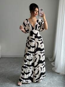 Elenzga Women's Solid Color Deep V-Neck Batwing Pleated Jumpsuit, Elegant - Multicolor - View 1