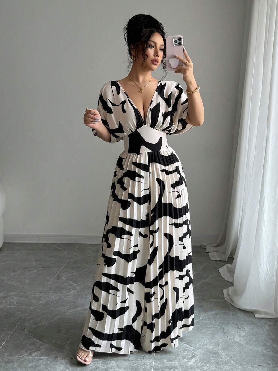 Elenzga Women's Solid Color Deep V-Neck Batwing Pleated Jumpsuit, Elegant - Multicolor - View 1