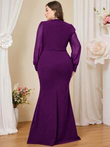 SHEIN Belle Plus Size Elegant Mixed Fabric Patchwork Rhinestone Decor Waist Fitted Midi Dress, Formal, Party Dress, Gown, For Evening, Wedding Guest - Purple - View 2