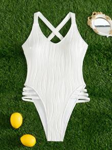 SHEIN Swim 1pc Elegant Backless Cross Strap One-Piece Swimsuit, White Color, Perfect For Holiday & Beach, Spring/Summer