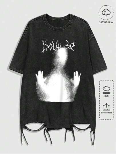 Grunge Punk ملابس علوية كاجوال للرجال بياقة مستديرة وأكمام قصيرة مطبوعة ، للبس اليومي