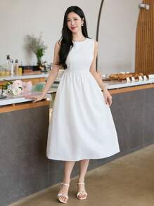 DAZY 纯色圆领无袖中长连衣裙，女士长款连衣裙 - 白色 - 查看 8