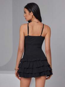 Roylia 3 Layers Ruffle Hem Backless Spaghetti Strap Black Belted Solid Pleated Bust Ruffle Hem Jumpsuit - Black - View 2