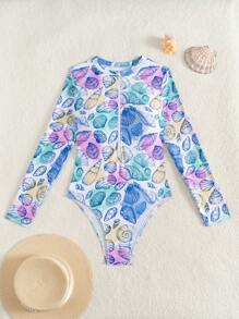 Swim Vcay Novo Maiô Feminino de Verão, Estampa Floral Aleatória, Maiô de Mergulho e Surfe com Zíper e Manga Longa, Adequado para Spa, Resort, Natação - Multicolorido - Visão 5