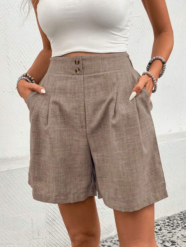 SHEIN LUNE Women's Solid Color Pleated Pocket Casual Loose Shorts, Versatile
