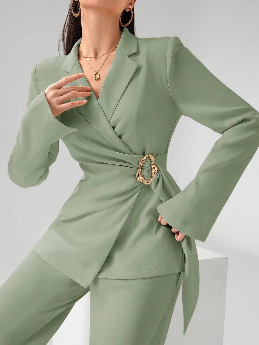 Heiryn Women's Fashion Metal Decor Wrap Blazer Jacket, Suitable For Work Commute In Fall/Winter - Green - View 1