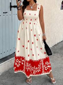 SHEIN Holidaya Plus Size Women's Boho Maxi Dress: Sleeveless Shirred Bodice, Red And White Floral Print, Flared Hem For Summer - Multicolor - View 3
