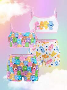 SHEIN X Care Bears Jeune fille Ensemble de lingerie Top camisole et culotte imprimé mignon et douillet d'ours de bande dessinée pour le printemps